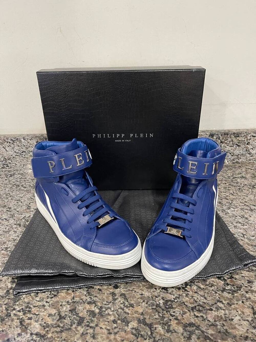 Philipp Plein Size 45 Hi-Top "Let You Go" Blue Leather Sneakers SPBJKI 340122
